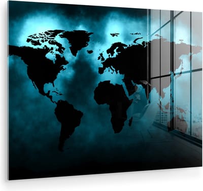 MuchoWow® Glasschilderij 160x120 cm - Schilderij acrylglas - Wereldkaart - Zwart - Blauw - Foto op glas - Muurdecoratie woonkamer - Wanddecoratie slaapkamer - Schilderijen