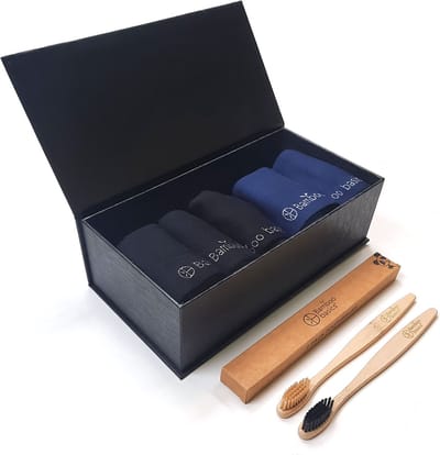 Comfortabel & Zijdezacht Bamboo Basics Giftpack Sokken Beau (5-pack) - Zwart en Navy + 2 bamboe tandenborstels - 35-40