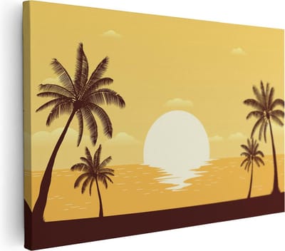 Artaza Canvas Schilderij Palmbomen Strand - 30x20 cm - Klein - Wanddecoratie Zee - Muurdecoratie Zonsondergang - Kamer Accessoires
