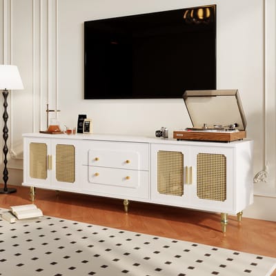 MODENUIT Tv-Meubel - Retro Design Met Rattandeuren En Lades - Voor Woonkamer - Spaanplaat Wit - 175x38x55,5 Cm