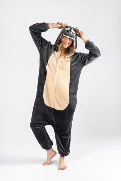 KIMU® Onesie Nijlpaard Pak - Maat XS-S of 152-158 - Nijlpaardpak Kostuum Grijs Hippo - Zacht Jumpsuit Huispak Pyjama Dierenpak Dames Heren Festival