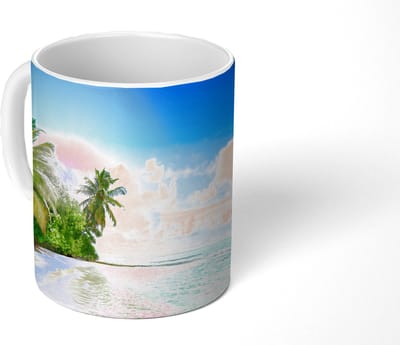 Mok - Koffiemok - Zee - Palmboom - Strand - Tropisch - Blauw - Groen - Mokken - 350 ML - Beker - Koffiemokken - Theemok