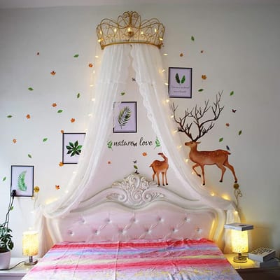Prinses Luifel Bed - Hemelbed Gordijn - Slaapkamer Decoratie - Met Kroon & Sterren - 1.8m Bed - Wit