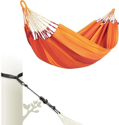 LA SIESTA® Modesta Eenvoudige hangmat van biologisch katoen & boom- en paalbevestiging - Hangmat voor buiten binnen met riem - Draagbare hangmat van katoen, eenpersoons hangmat voor tuin, balkon,