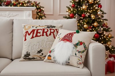 Urbane hide | Set van 2 Kerst Kussenhoezen | Kussenhoes | Kussenhoesjes | 45x45 cm | Kabouters | Merry Christmas | Beige | Zonder binnenkussen