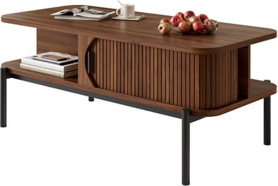 Moderne Salontafel Walnoot - Met Opbergruimte en Schuifdeuren - Rechthoekig MDF - Woonkamer - 100x45 cm