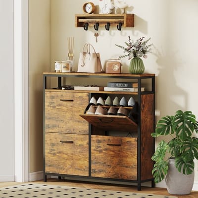 MEUNIQ Schoenenkast met 4 kleppen en open bovenrek, 98 x 24 x 95 cm, industrieel smal design voor hal of entree, opbergruimte voor maximaal 20 paar schoenen, bruin
