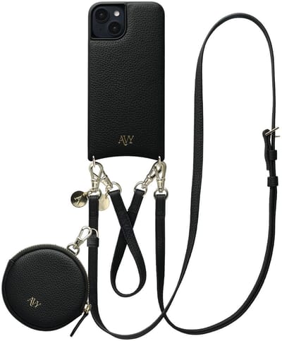 AVY Leren Hoesje geschikt voor Apple iPhone 15 | Met Koord en Mini Telefoontasje | Compatibel met MagSafe | Leather Case met 30CM & 130CM Koord & Pouch | Leather Set | Zwart