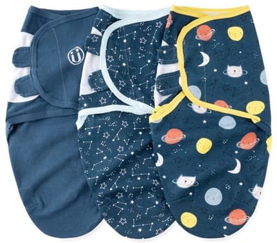 3-delige set – Baby-inbakerslaapzak – Inbakerdoek van biologisch katoen – Voor pasgeborenen – Verstelbaar – Geschikt voor 3–6 maanden – Eenvoudig inbakeren voor jongens en meisjes – Ruimtethema – 70x58 cm