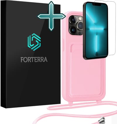 Hoesje Geschikt voor iPhone 13 Pro Pashouder Case Siliconen Hoes Met Koord Met Screenprotector - Hoes Geschikt voor iPhone 13 Pro Met Telefoonkoord Hoesje Back Cover Met Pasjeshouder - Lichtroze