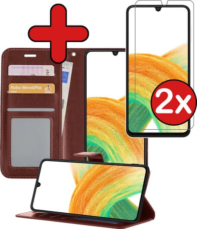 Hoesje - Met 2x Screenprotector - Geschikt voor Samsung Galaxy A33 - Luxe Pasjeshouder - Flip Case - Bookcase Portemonee - Kunstleer Book Case - Flipcase Hoes - Book Cover - Walletcase - Portemonneehoes - Telefoonhoes - Bruin