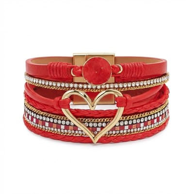 Rode Wikkel armband voor dames met Goudkleurig Hart & Strass – Luxe Boho Design met Magneetsluiting voor vrouwen
