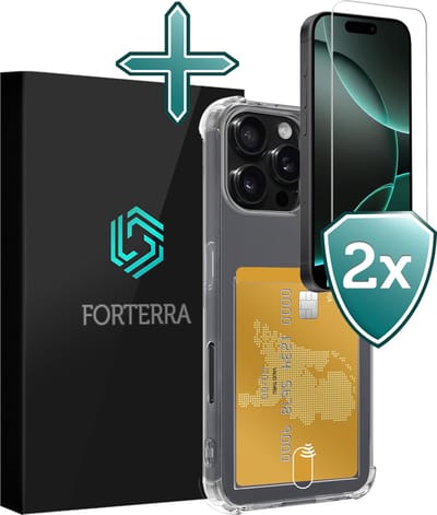 Hoesje Geschikt voor Apple iPhone 16 Pro - Met 2x Screenprotector - Pashouder - Kaarthouder - Back Cover - Telefoon Hoes Shockproof - Siliconen Case - Shock Proof - Pasjes Houder - Transparant