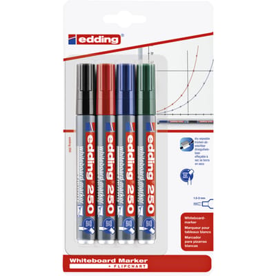 edding 250 whiteboardmarker set - zwart, rood, blauw, groen - 4 whiteboardstiften - ronde punt 1,5 - 3 mm - boardmarker uitwisbaar - voor whiteboard, flipchart, prikbord, memobord - navulbaar