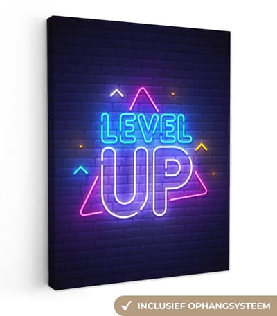 Canvas schilderij 30x40 cm - Wanddecoratie Gaming - Neon - Level Up - Quotes - Gamen - Muurdecoratie game room - Gaming kamer decoratie - Gameroom accessoires - Schilderijen