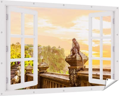 Gards Tuinposter Doorkijk Aap op de Uluwatu Tempel in Bali - 180x120 cm - Tuindoek - Tuindecoratie - Wanddecoratie buiten - Tuinschilderij