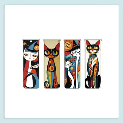 Magnetische Boekenleggers – 4-stuks Kleurrijke – Abstract Katten Design – Luxe Cadeauset voor Boekenliefhebbers