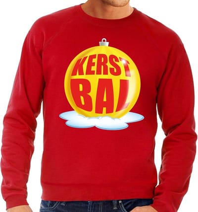 Foute kersttrui kerstbal geel op rode sweater voor heren - kersttruien S