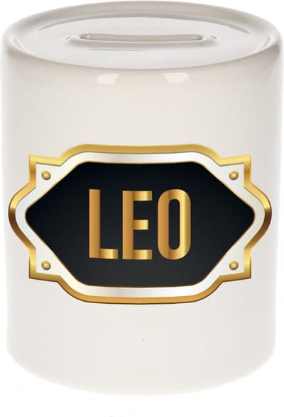 Spaarpot met voornaam Leo - wit - met goud/zwart embleem - 8 x 9 cm - keramiek - met afsluitdop - cadeau verjaardag