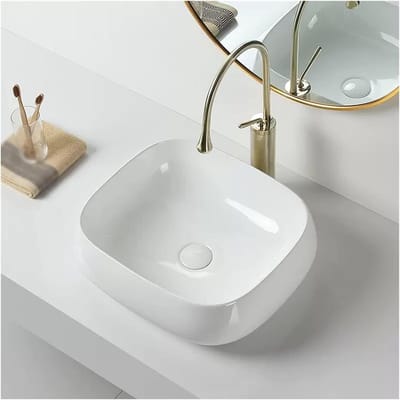 Opbouw Wastafel - Keramische Kom - Badkamer Upgrade - Geborsteld Gouden Kraan - 45 x 40 x 15 cm - Wit
