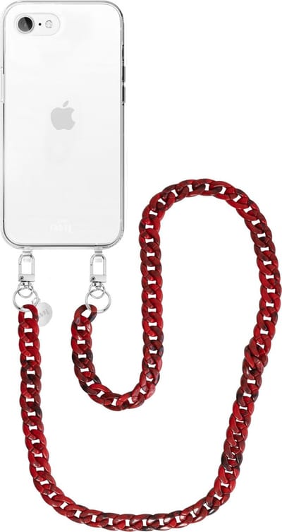 xoxo Wildhearts siliconen hoesje - Geschikt voor iPhone 7/8 Plus - Red Roses - Telefoonhoesje - Hoesje met koord - Rood koord - lang telefoonkoord - Transparant hoesje (lange variant)