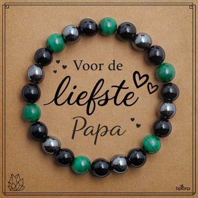 Bixorp Malachiet + Onyx + Hematiet Armband op Cadeau Kaartje - Voor de Liefste Papa - 8mm / 18cm Edelsteen Kralenarmband - Inclusief Cadeau Envelop
