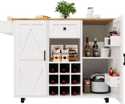 Modern keukeneiland, keukenkast, buffetkast, serveerwagen met houtnerf, buffetkast, multifunctionele eettafel met opbergruimte, serveerwagen met snackplanken en uitschuifbare functiekasten