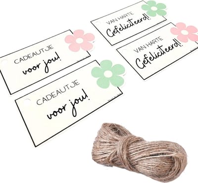 Cadeaulabels Karton - 12 stuks - inclusief 2 meter jute touw - Van Harte Gefeliciteerd - Cadeautje voor jou - Roze Groen