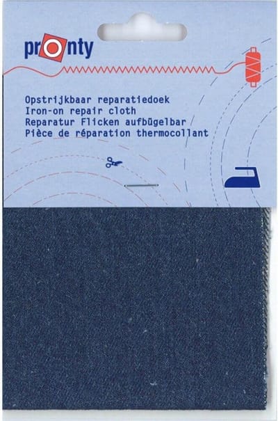 Pronty opstrijkbaar reparatiedoek - midden-blauw jeans - voor reparatie broeken, jassen en andere kleding - 10x40 cm