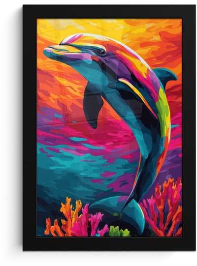 Poster in lijst - Fotolijst 20x30 cm - Posters - Dolfijn - Kleurrijk - Oceaan - Koraal - Posterlijst zwart - Decoratie - Wanddecoratie woonkamer - Muurdecoratie slaapkamer