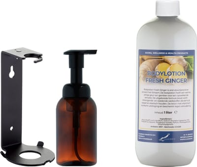 Zeepdispenser 300 ml amber bruin hervulbaar + 1 Liter Bodylotion Fresh Ginger navulling (inclusief beugel)