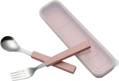 2-delige peuter bestekset van roestvrij staal, vork en lepel voor kinderen, tafelgerei met opbergetui, roze
