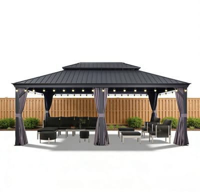 PURPLE LEAF Hardtop Aluminium Tuinpaviljoen – Dubbel dak – Hoogwaardige Gordijnen – Wind- en weerbestendig – Luxueus Grijs – Met Sfeerverlichting
