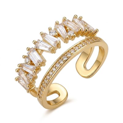 Goudkleurige ring dames aanschuifring open ring dubbele laag baguette zirkonia steentjes minimalistische brede band verstelbare ring moderne sieraden