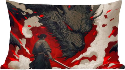 Sierkussens - Kussentjes Woonkamer - 60x40 cm - Krijger - Draak - Zwart - Rood - Rook