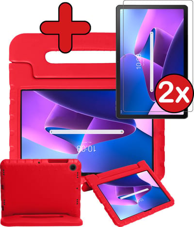 Hoesje - Geschikt voor Lenovo Tab M10 Plus (3e / 3rd Generatie) - Met 2x Screenprotector - Kinderhoes - Shockproof Bumper - Kidsproof Case - Tablethoes - Kinder Hoes Cover - Rood