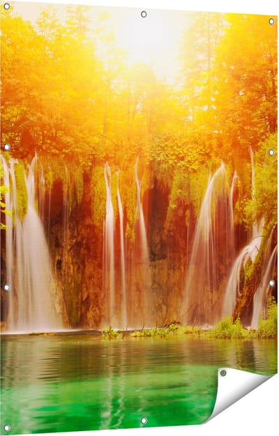 Gards Tuinposter Watervallen bij het Groene Meer met Zon - 90x120 cm - Tuindoek - Tuindecoratie - Wanddecoratie buiten - Tuinschilderij