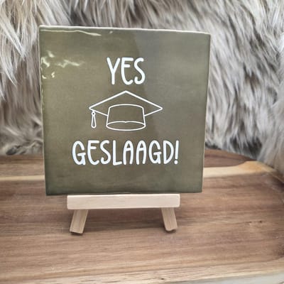 Robuust Wenstegeltje Yes Geslaagd! – Cadeau voor Geslaagde – Decoratief Aandenken – Wenstegeltje – Trendy nu – Decoratief Tegeltje met Standaard – Cadeau Idee