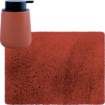 MSV badkamer droogloop tapijt/matje - Langharig - 50 x 70 cm - inclusief zeeppompje in dezelfde kleur - terracotta