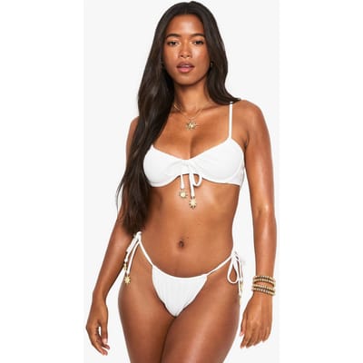 boohoo Dames Sunshine Charm Afwerking Ruched Tie Side Bikini-Broekjes | White | Maat: 16