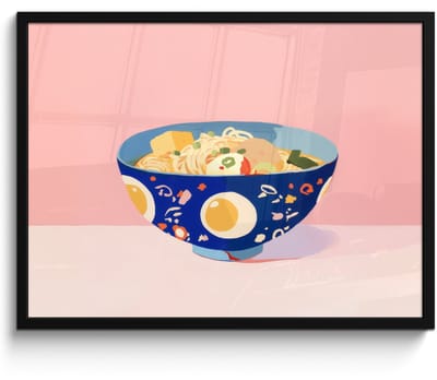 Poster in lijst - Fotolijst 70x50 cm - Posters - Noodles - Kom - Blauw - Illustratie - Posterlijst zwart - Decoratie - Wanddecoratie woonkamer - Muurdecoratie slaapkamer