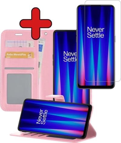 Hoesje - Met Screenprotector - Geschikt voor OnePlus Nord CE 2 - Luxe Pasjeshouder - Flipcase - Bookcase Portemonee - Flip Case - Kunstleer Book Case - Book Cover - Walletcase - Portemonneehoes - Telefoonhoes - Lichtroze