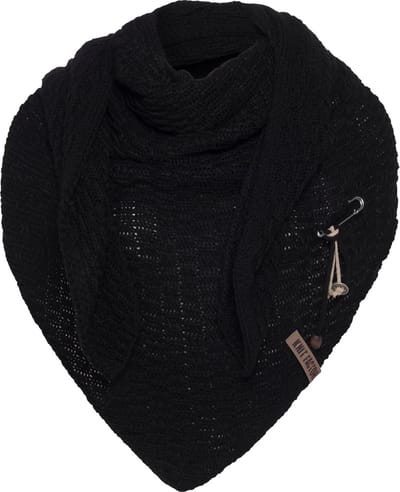 Knit Factory Jaida Gebreide Omslagdoek - Driehoek Sjaal Dames - Dames sjaal - Wintersjaal - Stola - Wollen sjaal - Zwart - 190x85 cm - Inclusief siersluiting