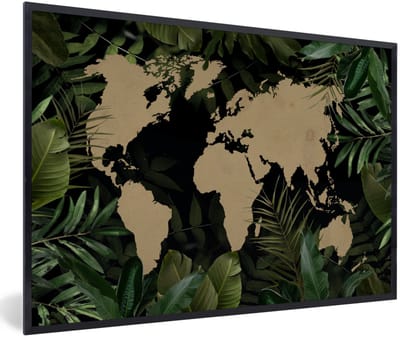 Poster in lijst - Fotolijst 120x80 cm - Posters - Wereldkaart - Bladeren - Bruin - Posterlijst zwart - Decoratie - Wanddecoratie woonkamer - Muurdecoratie slaapkamer