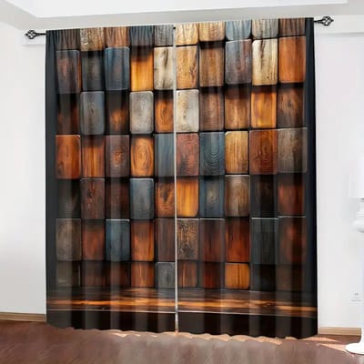 2 stuks multi-textuur blok patchwork bedrukte gordijnen, tunnelzak huisdecoratie, kamerdecoratie 14Wx39L(35x100CM)x2 brown