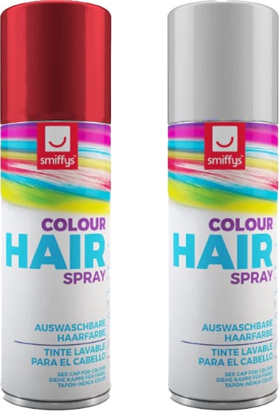 Smiffys Carnaval verkleed hoofdhaar verf/spuitspray - wit en rood - spuitbussen - 125 ml p/st