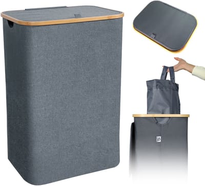 CALIYO Wasmand - Wassorteerder - Wasmand met Deksel - 69×43.5×32.5cm Nis Wasbox - Opvouwbare Mand Vuile Was - 100L - Grijs