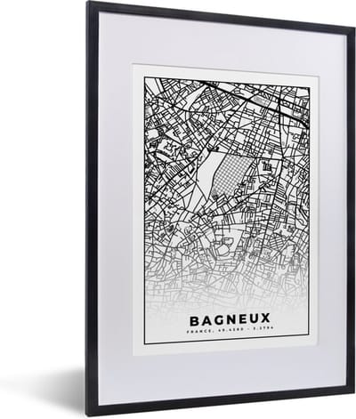 Fotolijst incl. Poster Zwart Wit- Stadskaart - Plattegrond - Kaart - Frankrijk - Bagneux - Zwart wit - 30x40 cm - Posterlijst