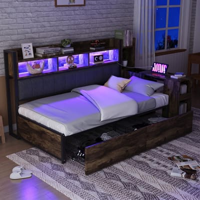 VVBV Uitschuifbed Slaapbank 90x200 cm met Uitschuifbed, Planken - Bureau, LED-Verlichting, Lades - Hout/Metaal Naturel