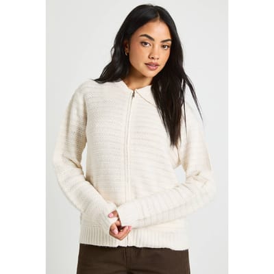 boohoo Dames Gebreide cardigan met ritssluiting en getextureerd kraagdetail | Cream | Maat: Small